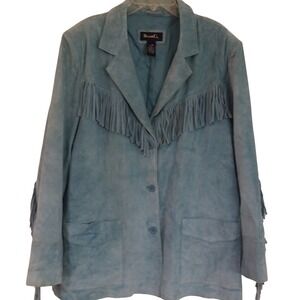 Leather Fringe Jacket Womens 2X Blue Western Boho Suede Coat Denim&Co